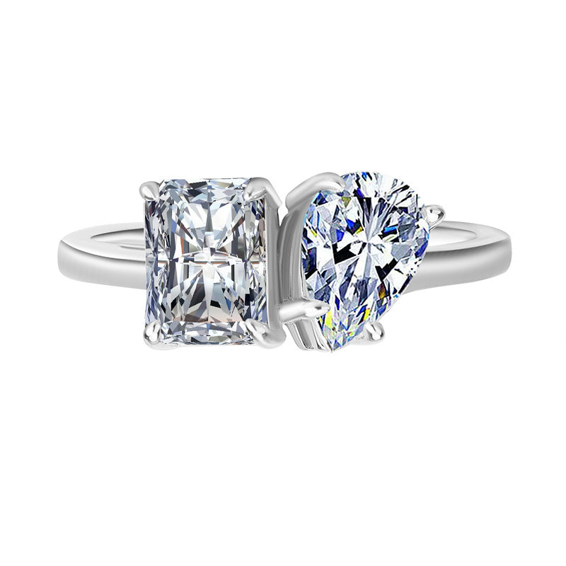 Cross-border hot selling S925Sterling Silver Moissanite Ring Irregular Heart Shape Emerald Cut Radiant Moissanite Women's Ring Wholesale
