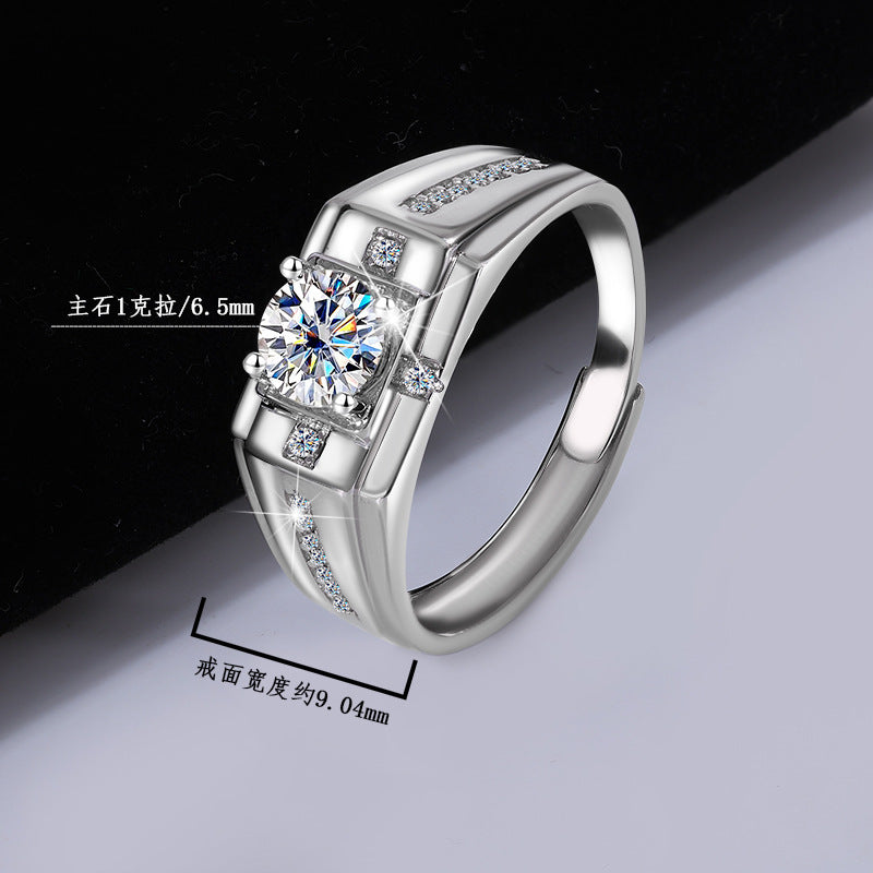 S925Sterling Silver Moissanite Ring Platinum Plated Knight Men's Ring One Carat Simple Elegant Men's Wedding Ring Factory Wholesale
