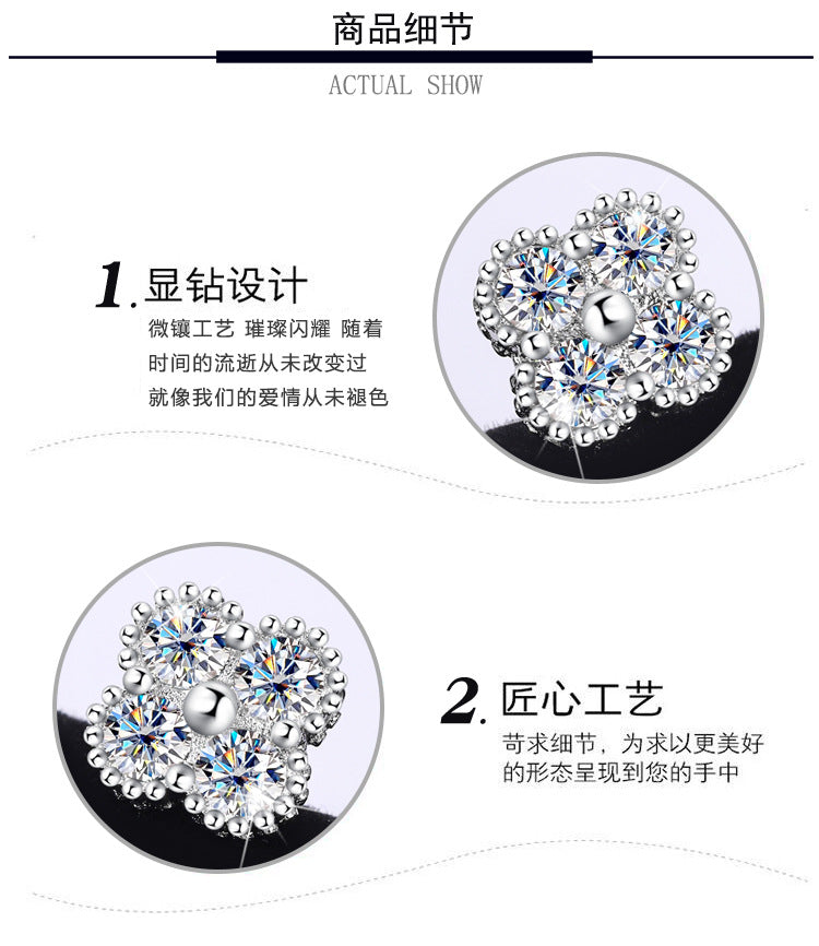 S925Sterling Silver Moissanite Clover Earrings for Women, Light Luxury Niche High-end Flower Full Diamond Xiaohongshu Hot Style