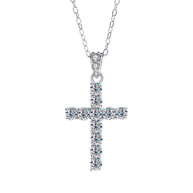 Exclusive for cross-border S925Sterling Silver Cross Necklace for Women with Moissanite Diamond Pendant, Popular Collarbone Chain for Live Streaming Wholesale