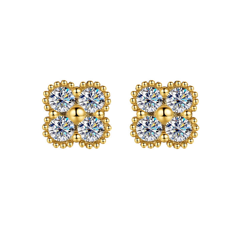 S925Sterling Silver Moissanite Clover Earrings for Women, Light Luxury Niche High-end Flower Full Diamond Xiaohongshu Hot Style