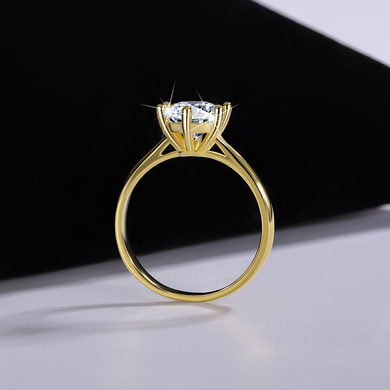 Cross-Border925Sterling Silver Plated Ring18K Golden Classic Six-Claw Moissanite Ring for Women Crown Proposal Ring Wholesale