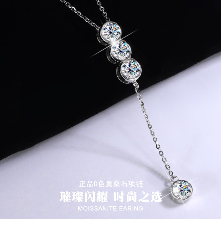 Cross-Border S925Pure Silver Tassel Necklace for Women with Moissanite Diamond Pendant, Simple and Luxurious Versatile Collarbone Chain, Wholesale from Manufacturer