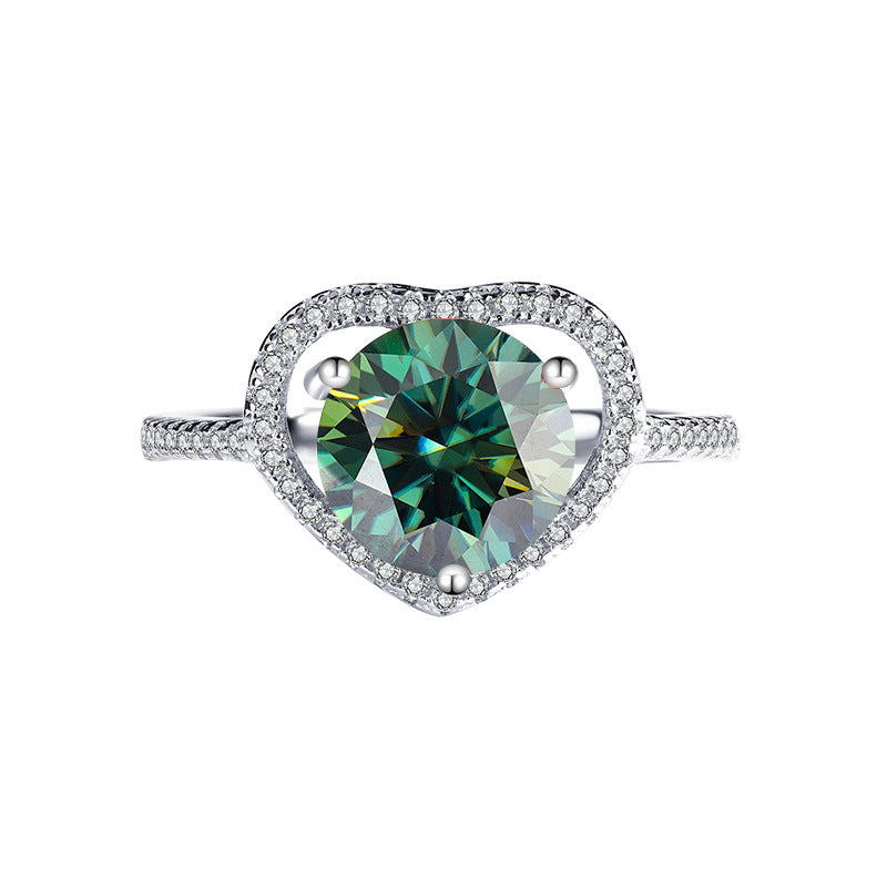 Exclusive for cross-border S925Silver Heart Women's Ring Colorful Moissanite Ring Women's Pure Silver White Gold Diamond Simulated Diamond Wholesale