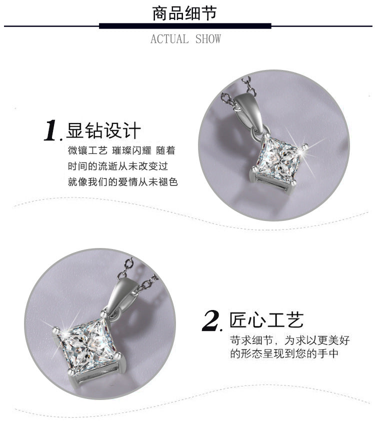 Cross-border hot selling S925Sterling Silver Princess Cut Moissanite Pendant Necklace for Women Collarbone Chain Pendant Valentine's Day Gift