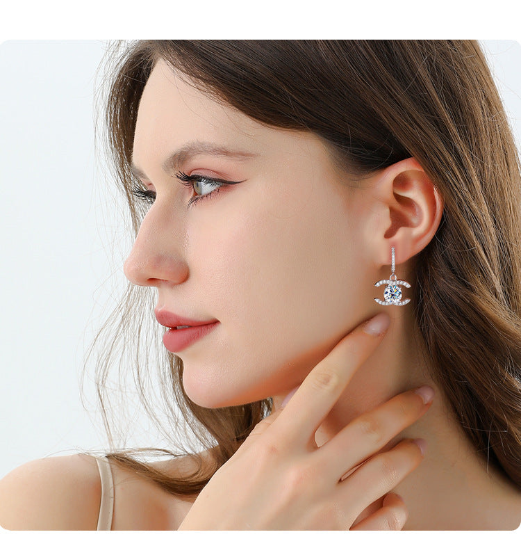 Europe and America925Sterling Silver Double C Chanel Style Moissanite Earrings for Women, Korean and Japanese High-End Moissanite Earrings, Factory Wholesale