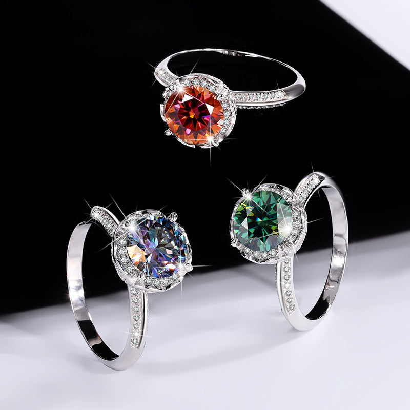 Exclusive for cross-border S925Silver Rose Fountain Colorful Moissanite Ring for Women Pure Silver Platinum Diamond Imitation Diamond Wholesale