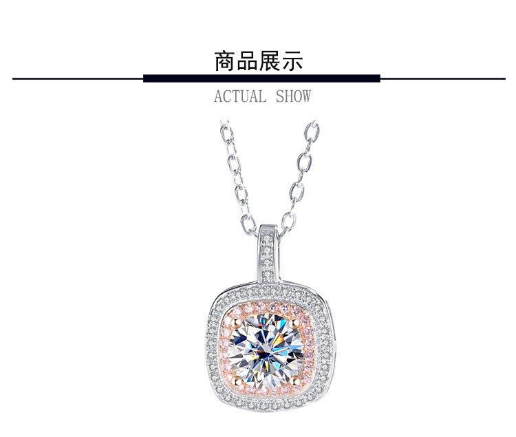 Exclusive for cross-border S925Sterling Silver Square Pendant Necklace for Women with Micro Pave Moissanite Diamond Pendant Clavicle Chain Wholesale for Live Streaming