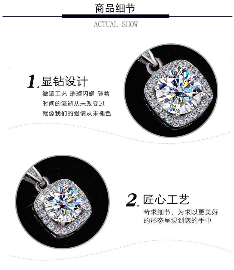 Cross-border hot selling S925Pure Silver Moissanite Square Pendant Necklace Light Luxury High-end Clavicle Chain Moissanite Pendant Wholesale