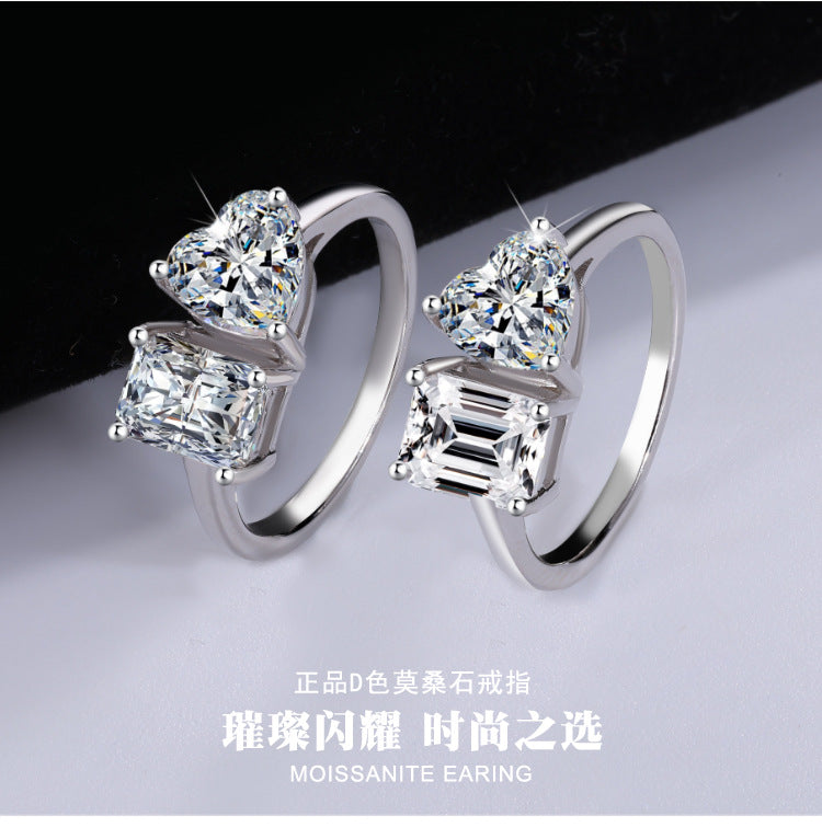 Cross-border European and American Live Streaming925Pure Silver Moissanite Classic1Carat Ring Irregular Moissanite Asymmetric Women's Ring