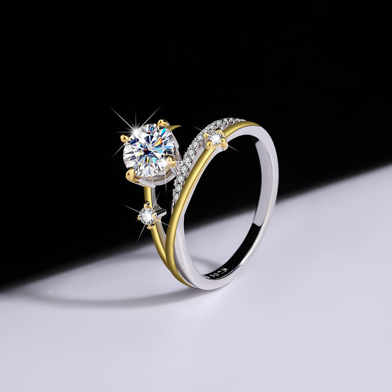 New One Carat Four-Prong Inlaid Sterling Silver Gold Color-Blocked Moissanite Simulated Diamond Women's Ring Direct Sale
