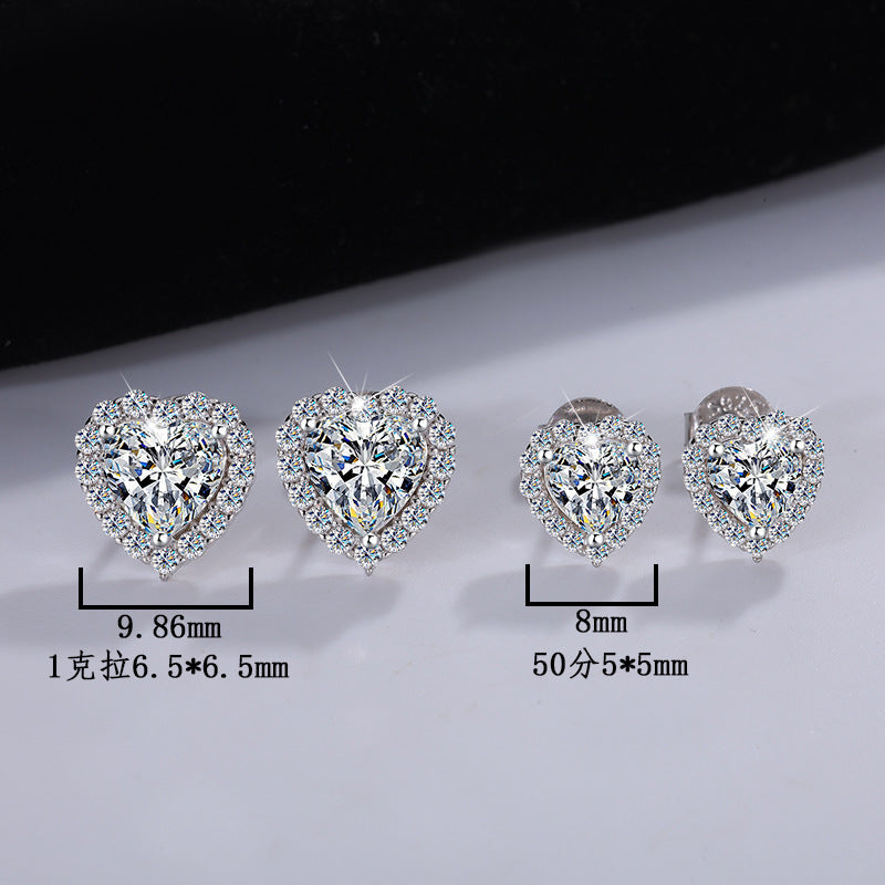 Cross-Border S925Sterling Silver Heart Stud Earrings Heart-Shaped Moissanite Simple Earrings Fashionable High-End Earrings Manufacturer Wholesale