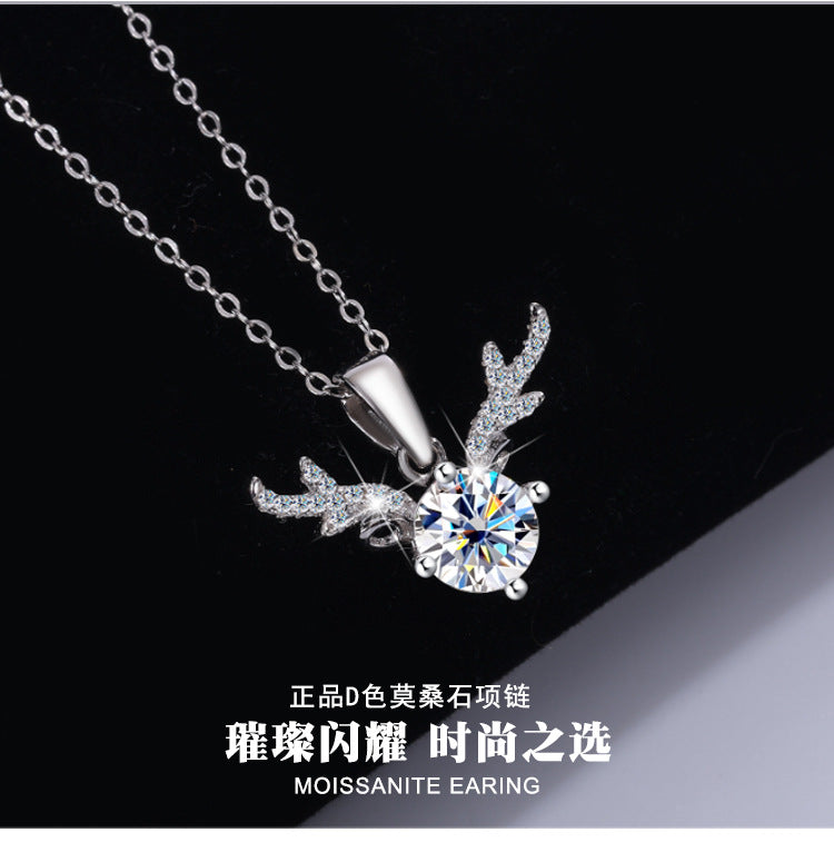 Cross-border Factory Wholesale S925Sterling Silver Moissanite Necklace with Deer Antler Pendant Fashionable High-end Versatile