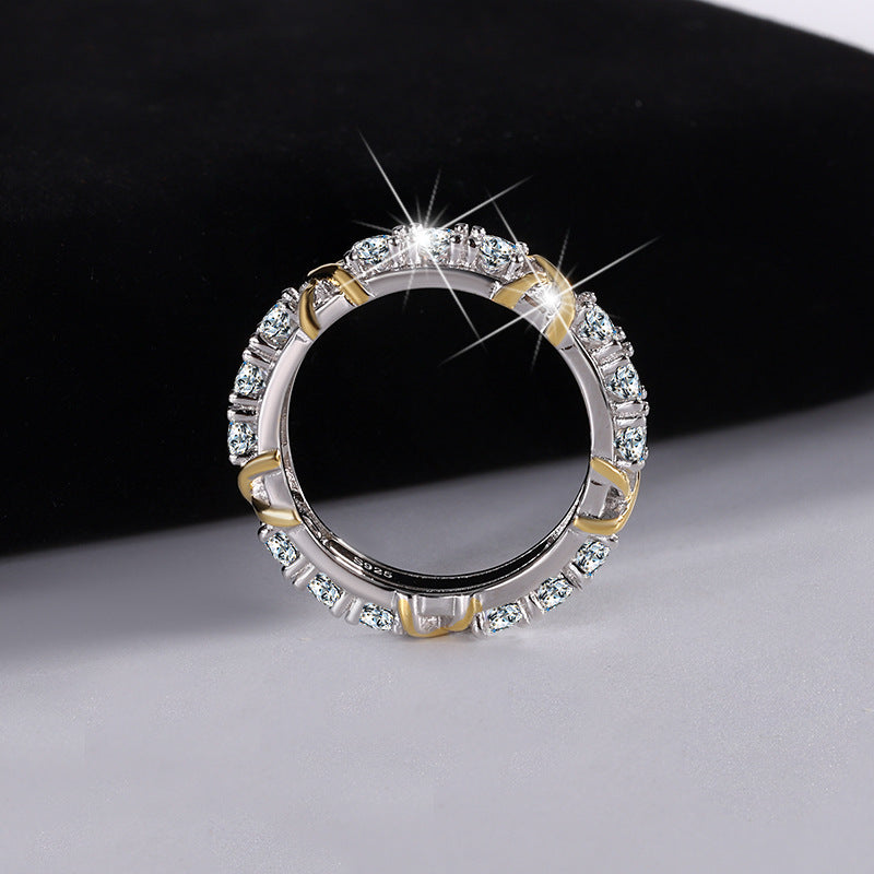Cross-Border S925Sterling Silver Classic Cross Two-tone Row Ring Moissanite Diamond Ring Moissanite Diamond Ring Female Factory Wholesale