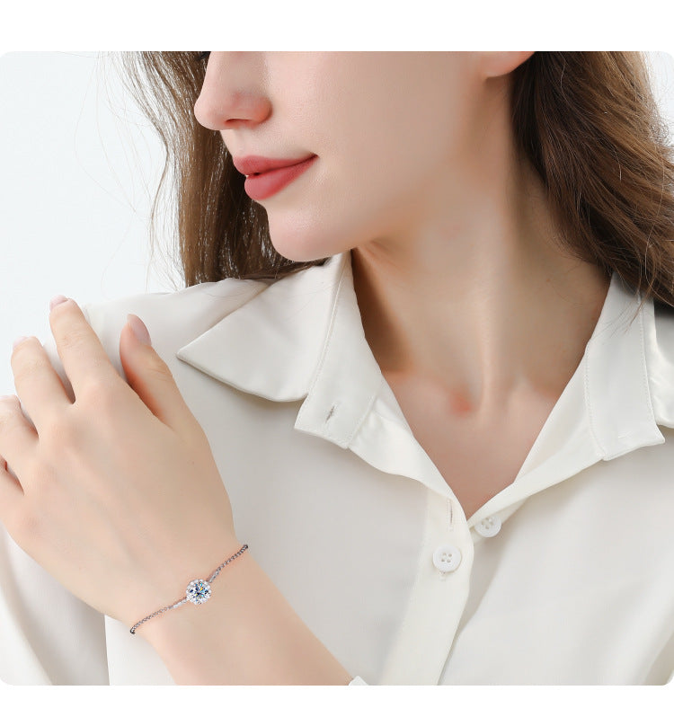 S925Sterling Silver Moissanite Round Bracelet Fashion Simple Small Daisy Bangle for Women Adjustable Size Factory Wholesale