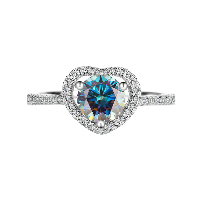 925Sterling Silver Moissanite Diamond Ring Heart-shaped Hollow Couple Rings Wedding Engagement Ring Gift for Girlfriend with Colored Diamond