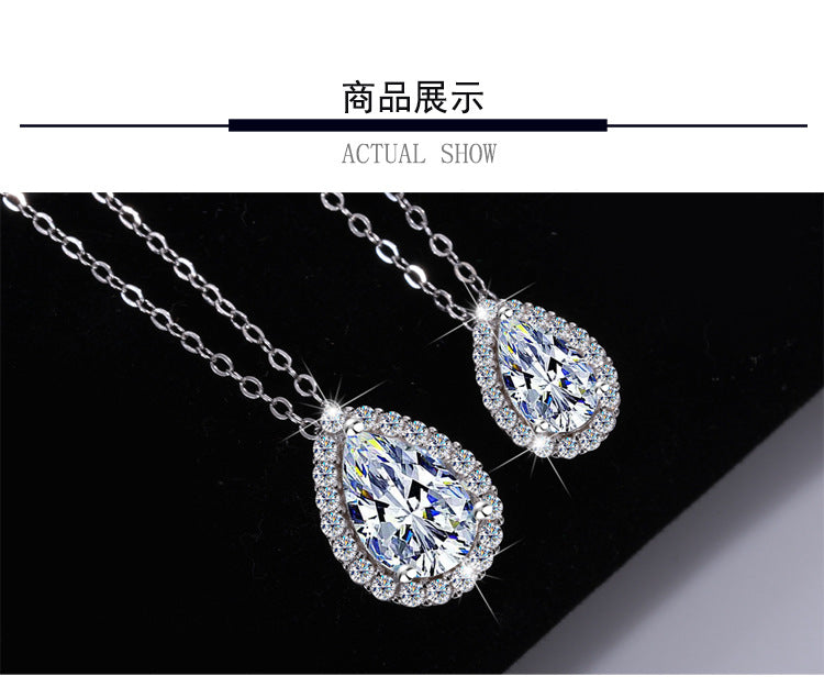 Cross-border hot selling S925Sterling Silver Water Drop Pendant Moissanite Pear Necklace for Women Simple Collarbone Chain Factory Wholesale