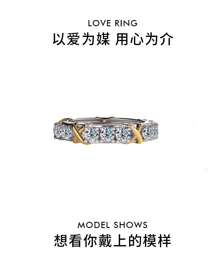 Cross-Border S925Sterling Silver Classic Cross Two-tone Row Ring Moissanite Diamond Ring Moissanite Diamond Ring Female Factory Wholesale