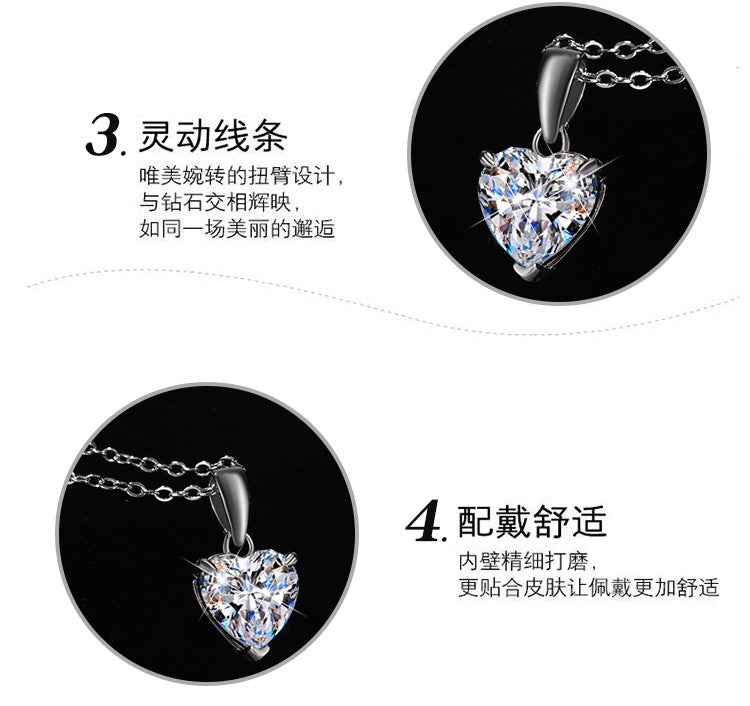 Cross-border hot selling S925Sterling Silver Moissanite Pendant Heart Necklace for Women European and American Simple Collarbone Chain Factory Wholesale