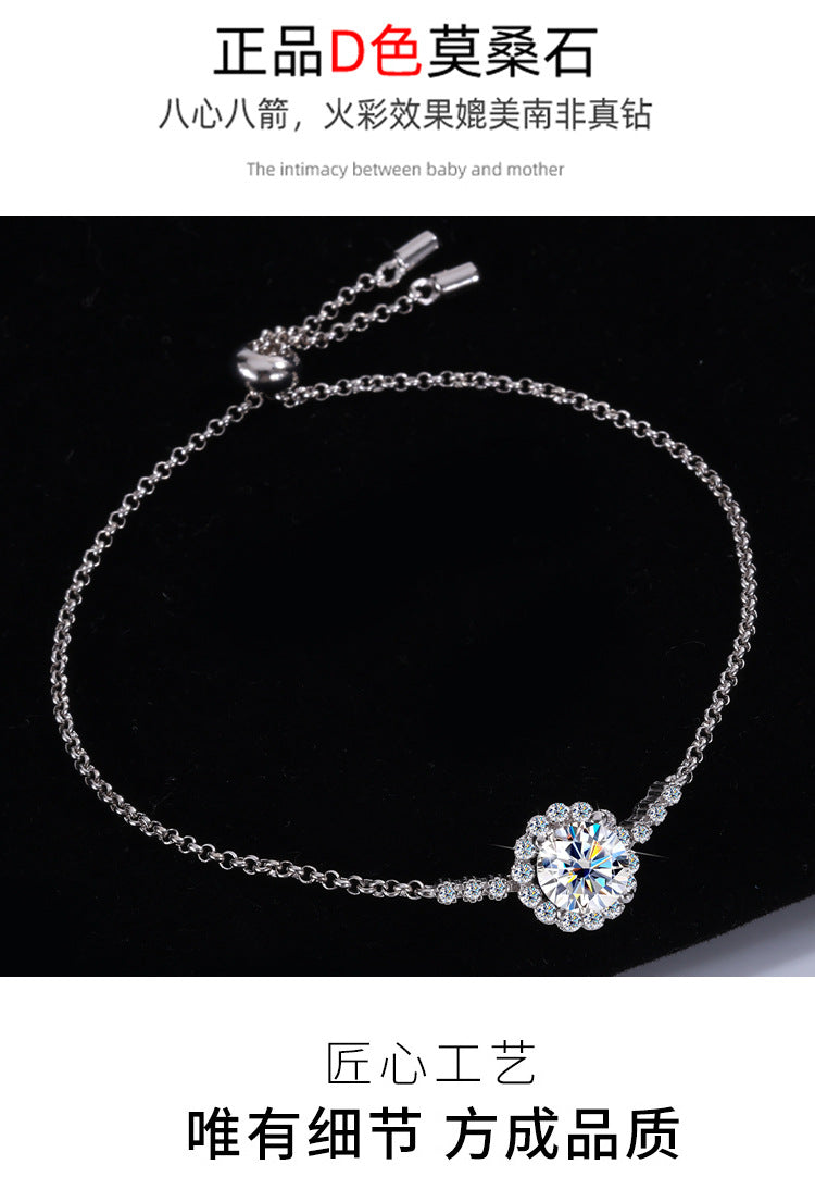 S925Sterling Silver Moissanite Round Bracelet Fashion Simple Small Daisy Bangle for Women Adjustable Size Factory Wholesale