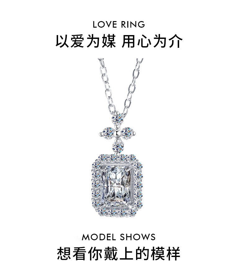 s925Silver pendant1Clarety Cut Moissanite Necklace for Women Fashionable Light Luxury Rectangular Pendant Collarbone Chain