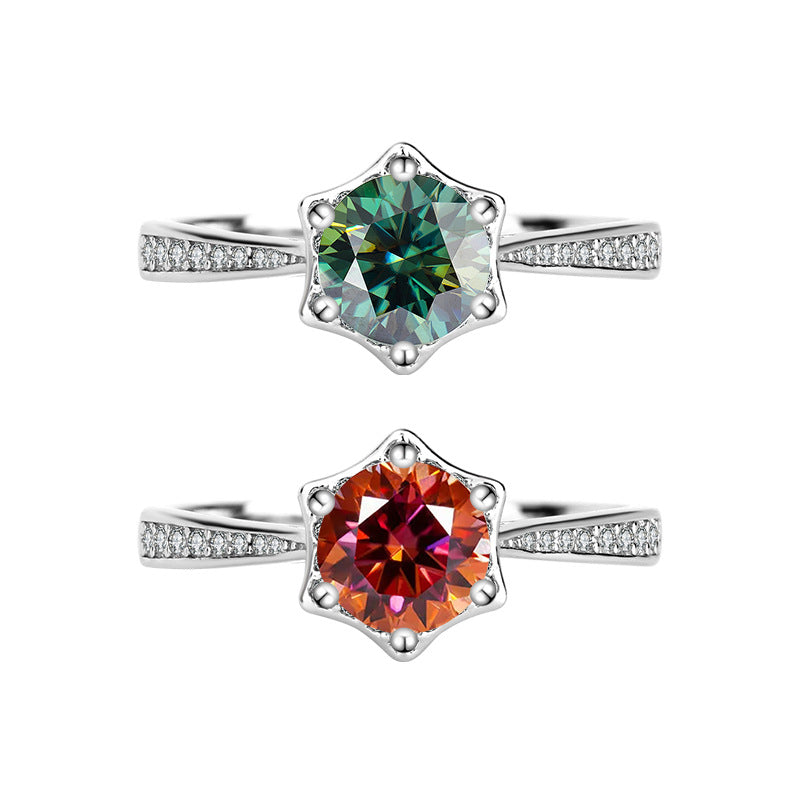 S925Sterling Silver Colorful Moissanite Hexagram Diamond Ring for Women Couple Rings Wedding Proposal Birthday Gift for Girlfriend