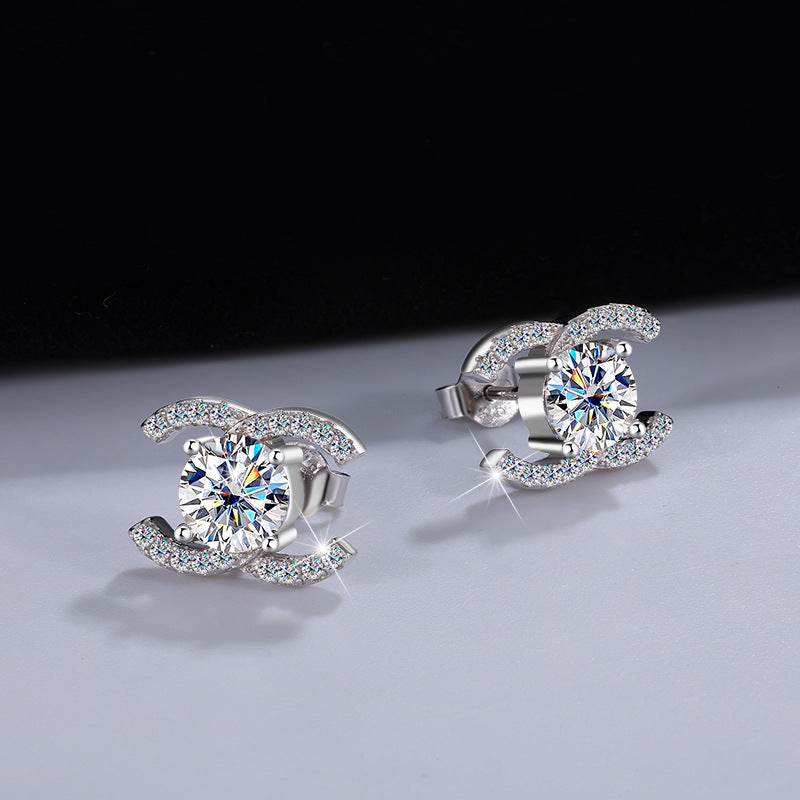 Best seller in europe and america925Sterling Silver Double C Moissanite Earrings for Women Moissanite Diamond Earrings Chanel Style High-end Feel Factory Wholesale