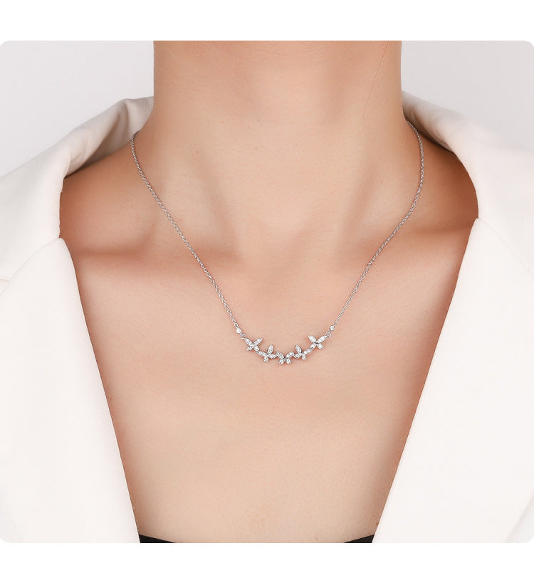 Cross-border hot selling S925Sterling Silver Butterfly Clover Full Diamond Moissanite Necklace for Women Collarbone Chain Clover Sweater Chain