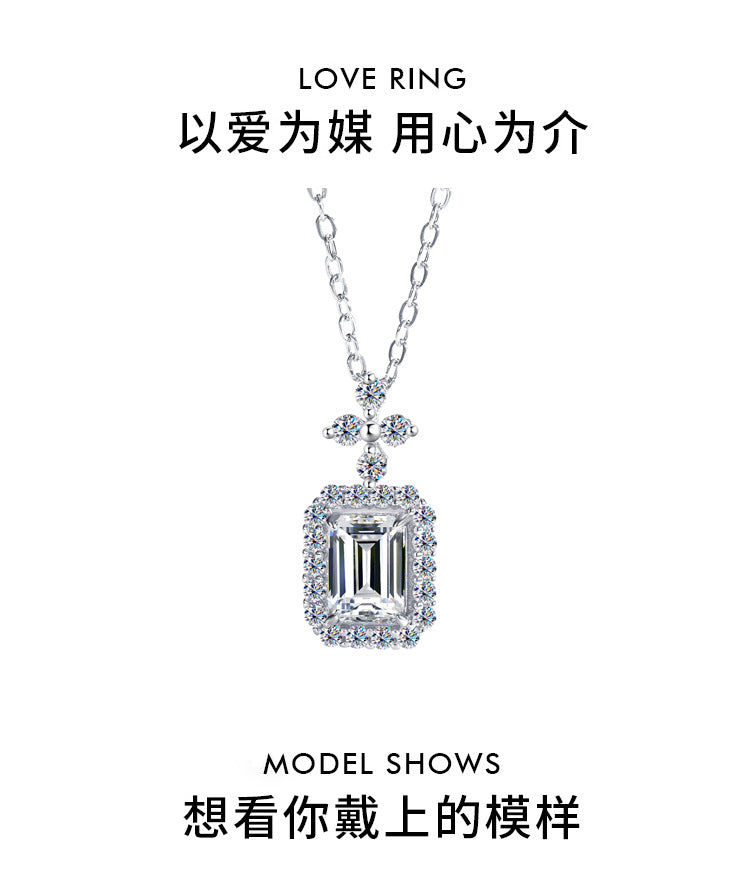 A2   Cross-Border Europe and America S925Silver Pendant Emerald Cut Moissanite Necklace for Women Fashionable Light Luxury Rectangular Pendant Clavicle Chain