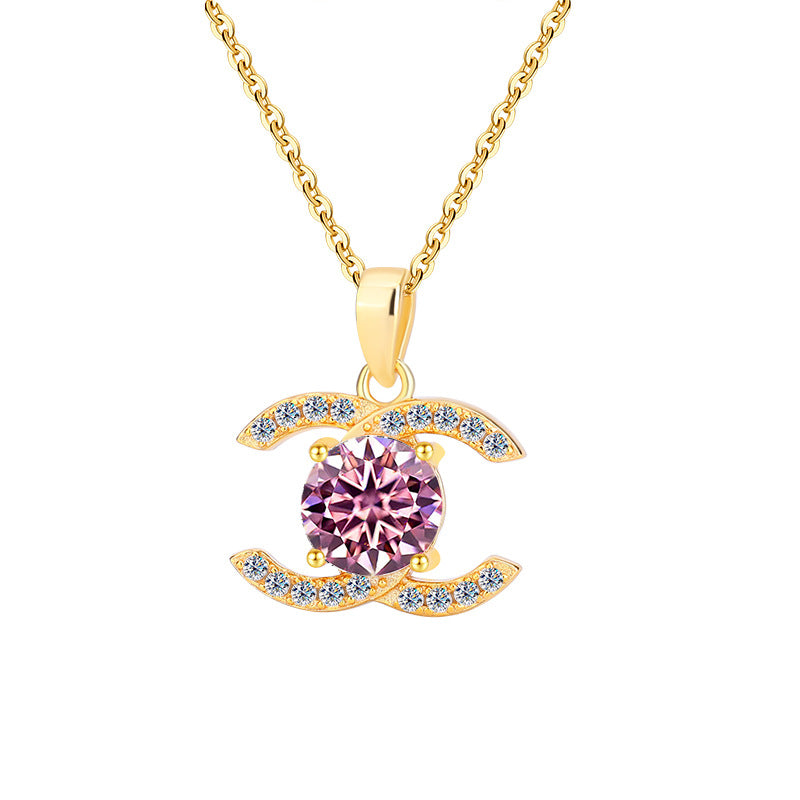 Exclusive for cross-border S925Pure Silver Moissanite Small Chanel Style Pair C Pendant High-End Versatile Full Diamond Necklace Factory Wholesale