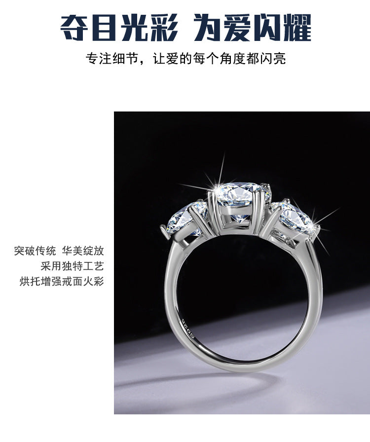 Cross-Border Europe and America S925Silver Moissanite Three Lives Stone4Carat Ring Fashion Light Luxury Style Women's Wedding Ring Wholesale