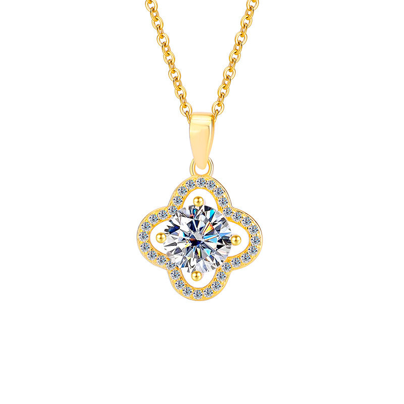 S925Pure Silver Moissanite Flower Necklace Four-Leaf Clover Pendant Light Luxury High-End Moissanite Collarbone Chain Factory Wholesale