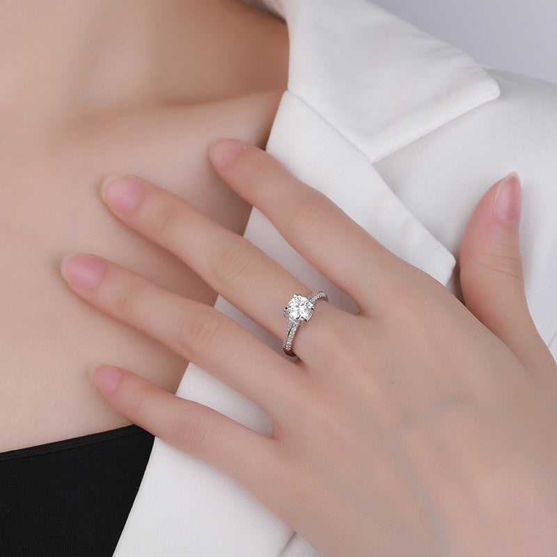Cross-Border Genuine Four-Claw Double Row Bull Head Style Ring for Women, Pure Silver Moissanite Simulated Diamond Couple Ring, Wedding Ring for Women