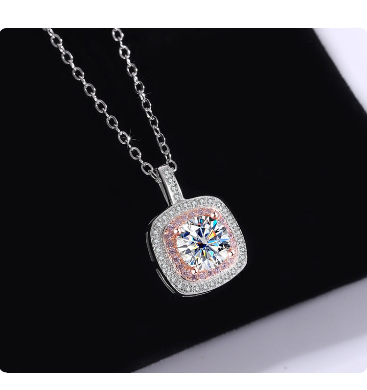 Exclusive for cross-border S925Sterling Silver Square Pendant Necklace for Women with Micro Pave Moissanite Diamond Pendant Clavicle Chain Wholesale for Live Streaming