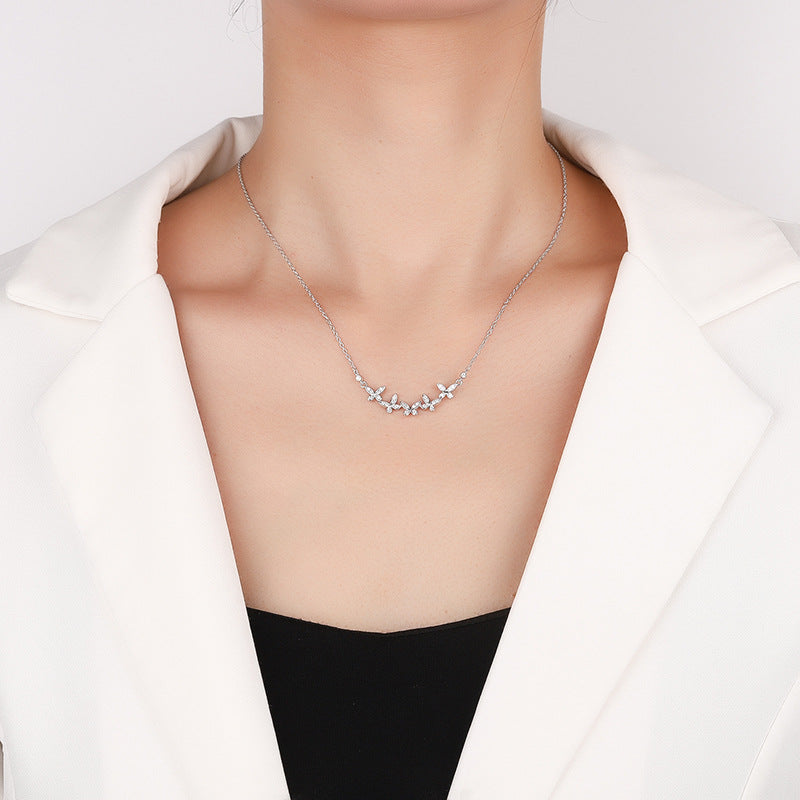 Cross-border hot selling S925Sterling Silver Butterfly Clover Full Diamond Moissanite Necklace for Women Collarbone Chain Clover Sweater Chain