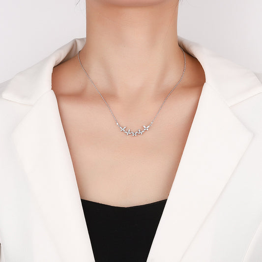 Cross-border hot selling S925Sterling Silver Butterfly Clover Full Diamond Moissanite Necklace for Women Collarbone Chain Clover Sweater Chain