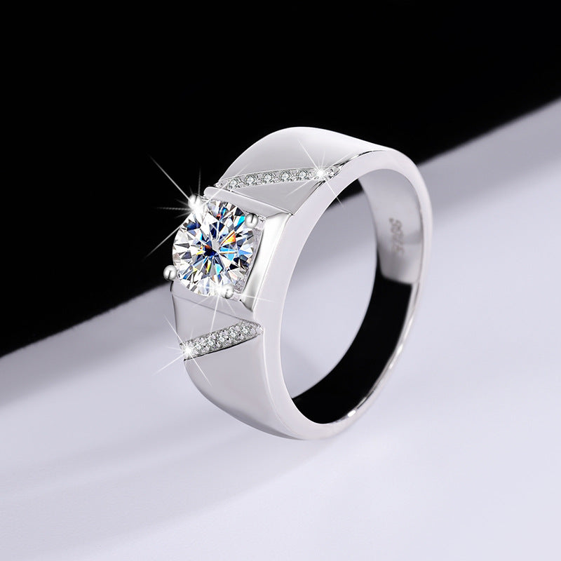 S925Pure Silver Psychic Moissanite Men's Ring Moissanite Ring Simple and Elegant Men's Ring Wedding Ring TikTok Kuaishou Live Streaming