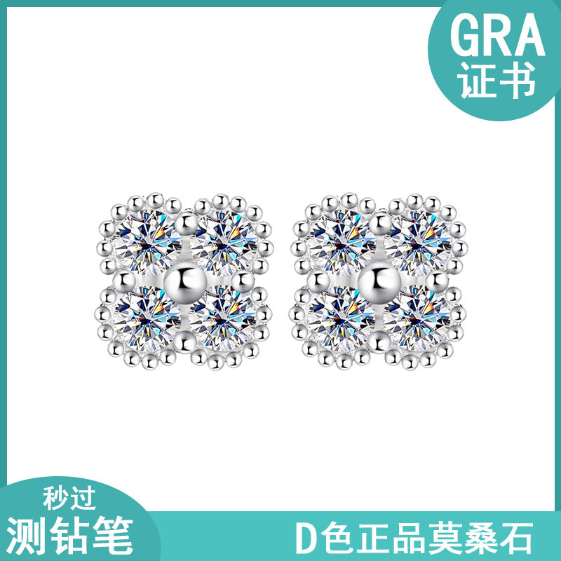 S925Sterling Silver Moissanite Four-Leaf Clover Three-Piece Set Bracelet Necklace Women's Earrings Multiple Styles TikTok Live Factory Wholesale