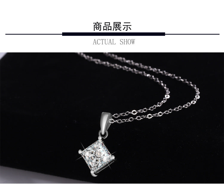 Cross-border hot selling S925Sterling Silver Princess Cut Moissanite Pendant Necklace for Women Collarbone Chain Pendant Valentine's Day Gift