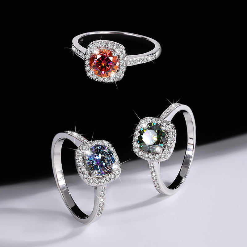 S925Sterling Silver Colorful Moissanite Ring for Women Princess Cut Baguette Sterling Silver Diamond Imitation Proposal Engagement Wedding Diamond Ring