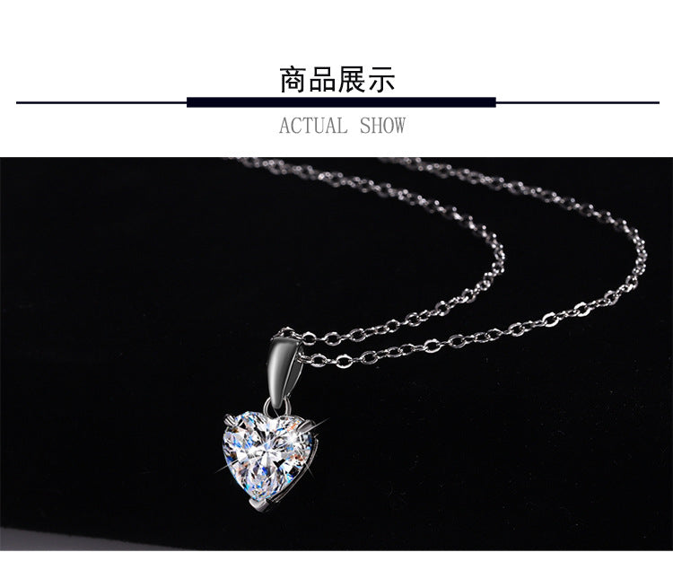 Cross-border hot selling S925Sterling Silver Moissanite Pendant Heart Necklace for Women European and American Simple Collarbone Chain Factory Wholesale