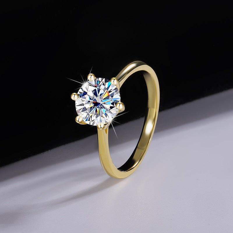 Cross-Border925Sterling Silver Plated Ring18K Golden Classic Six-Claw Moissanite Ring for Women Crown Proposal Ring Wholesale