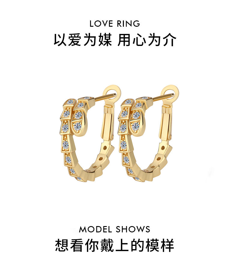 S925Pure Silver Full Moissanite Snake-Shaped Earrings for Women, Moissanite Stone, Light Luxury Fashion, High-End Feel, Ear Clips, Factory Wholesale
