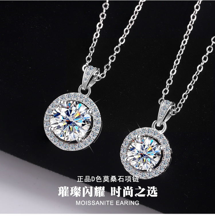 Cross-Border S925Sterling Silver Four-Claw Round Bag Necklace for Women, Moissanite Necklace Pendant, High-End Sweater Chain, Factory Wholesale