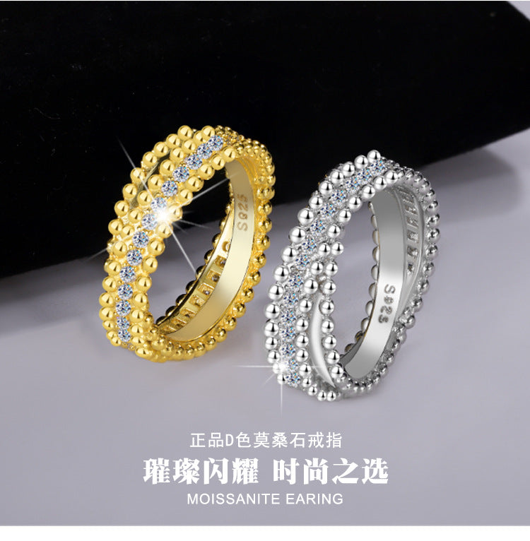 Cross-Border S925Sterling Silver Kaleidoscope Bead Edge Twist Arm Cross Full Diamond Moissanite Ring for Women Starry Sky Versatile Band Ring
