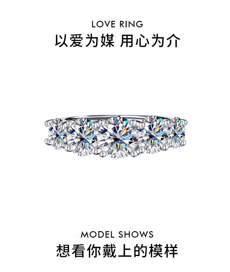 S925Silver D Genuine Moissanite Five-Star Radiance Ring for Women, Simulated Diamond Ring, Platinum-Plated Diamond Ring Wholesale