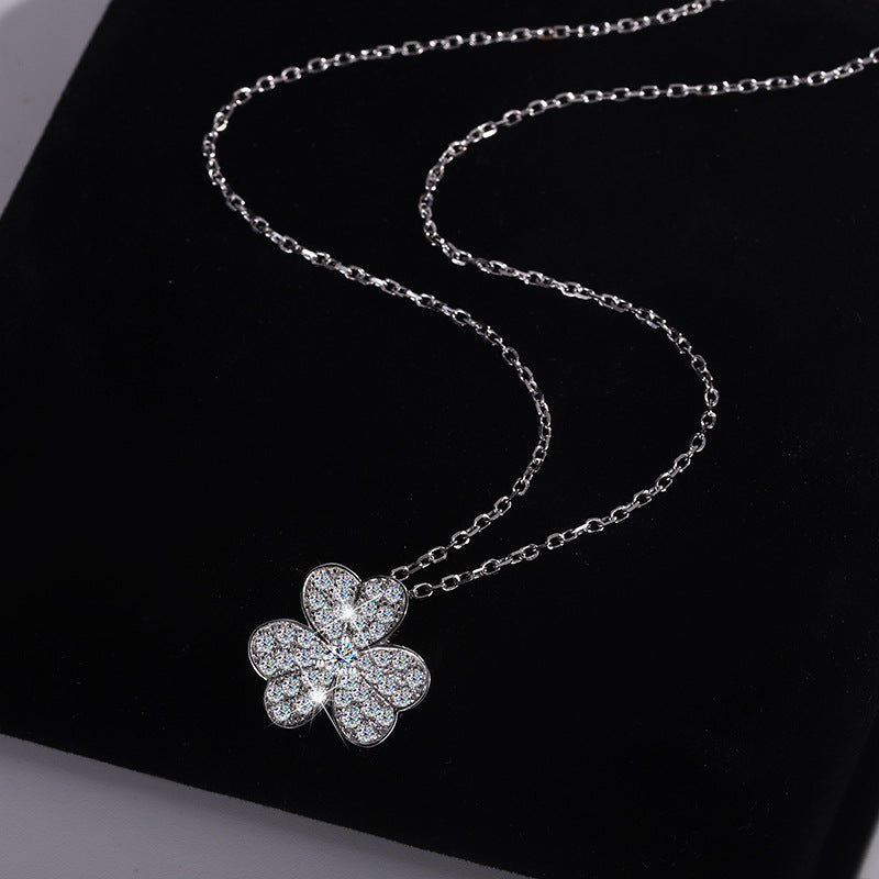Cross-Border S925Sterling Silver Three-Petal Flower Necklace for Women, Moissanite Full Diamond Clover Floral Necklace, Qixi Valentine's Day Gift Direct Sale