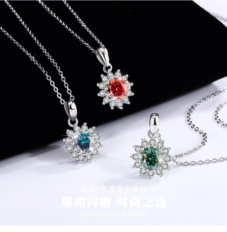 Genuine Moissanite Necklace for Women, Pure Silver Sunflower Diamond Pendant, Women's Light Luxury Versatile Collarbone Chain, Birthday Gift