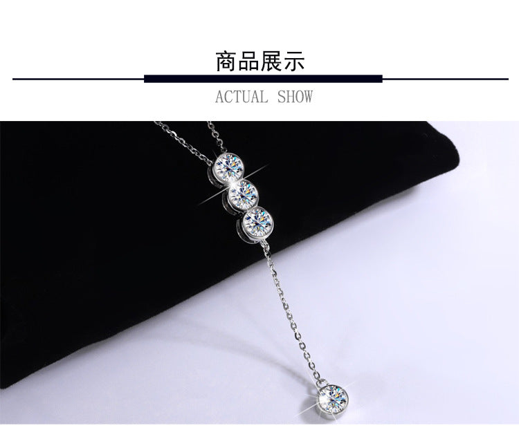 Cross-Border S925Pure Silver Tassel Necklace for Women with Moissanite Diamond Pendant, Simple and Luxurious Versatile Collarbone Chain, Wholesale from Manufacturer