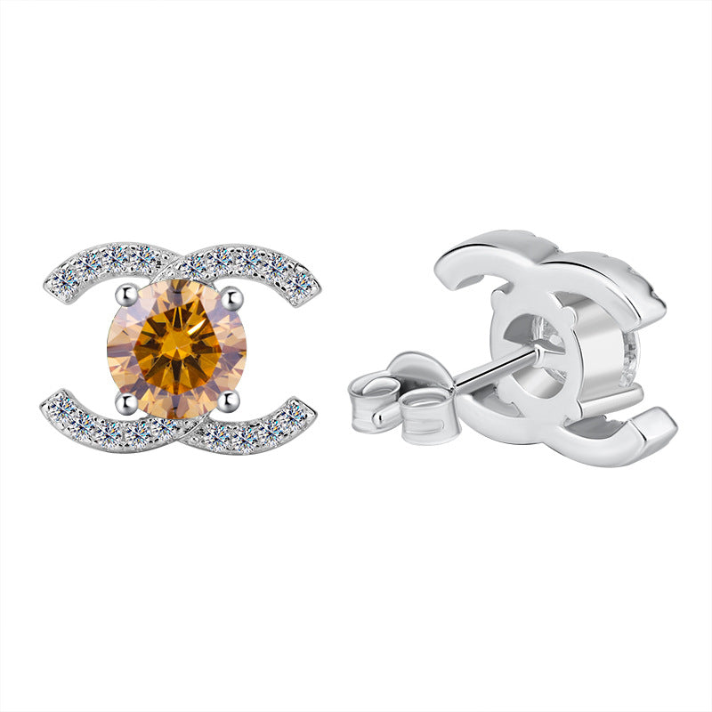 Best seller in europe and america925Sterling Silver Double C Moissanite Earrings for Women Moissanite Diamond Earrings Chanel Style High-end Feel Factory Wholesale